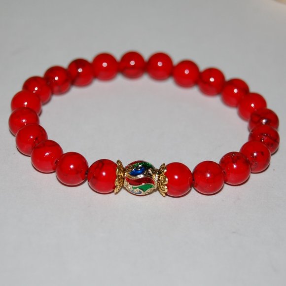 Red Howlite Bracelet,Tibetan Bracelet,Coral Brass focal Charm,8mm Beads - Picture 3 of 3